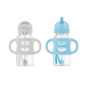 dr. brown’s® milestones™ wide-neck sippy straw bottle with 100% silicone handles, 9oz/270ml, gray & blue, 2 pack, 6m+