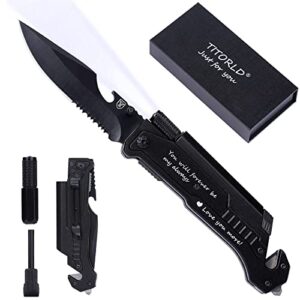 gifts for men husband him, engraved pocket knife, anniversary birthday gift ideas, unique camping hunting present from wife girlfriend, 7 in 1 multi-function folding knives with fire starter led light