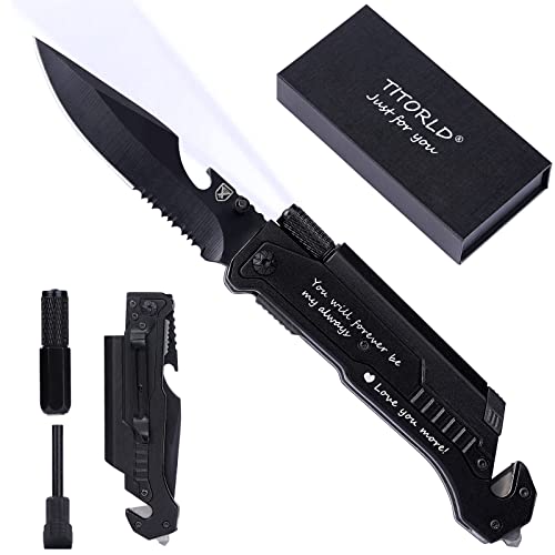 Gifts for Men Husband Him, Engraved Pocket Knife, Anniversary Birthday Gift Ideas, Unique Camping Hunting Present from Wife GirlFriend, 7 in 1 Multi-Function Folding Knives with Fire Starter LED Light