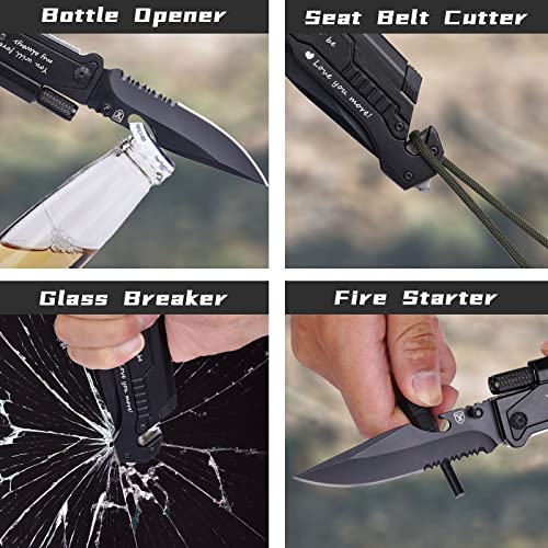 Gifts for Men Husband Him, Engraved Pocket Knife, Anniversary Birthday Gift Ideas, Unique Camping Hunting Present from Wife GirlFriend, 7 in 1 Multi-Function Folding Knives with Fire Starter LED Light