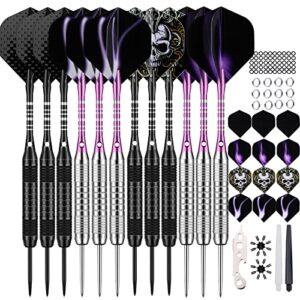 12 pack darts metal tip set 22/24 grams, steel tip darts with premium black purple aluminum shafts, extra 50 rubber o-rings 6 nylon shafts 24 flights 12 spring rings 16 flights protector 1 tool kit