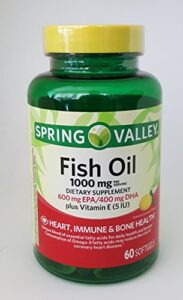 spring valley fish oil 1000mg dietary supplement 600mg epa/400mg dha plus vitamin e (5 iu), heart, immune and bone health, 60 softgels, natural lemon flavor