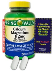 calcium magnesium & zinc plus – vitamin d3 coated caplets | 250 caplets | spring valley – healthy bones, teeth, nerve, muscle, heart & immune function + vitamin pouch and guide to supplements