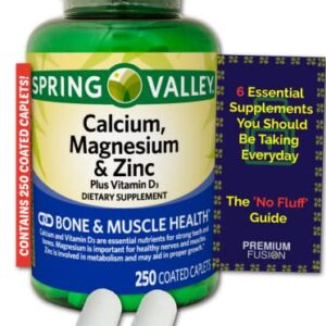 Calcium Magnesium & Zinc Plus - Vitamin D3 Coated Caplets | 250 Caplets | Spring Valley - Healthy Bones, Teeth, Nerve, Muscle, Heart & Immune Function + Vitamin Pouch and Guide to Supplements