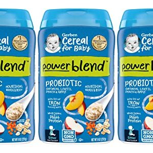 Gerber Cereal for Baby 2nd Foods Power Blend Cereal, Probiotic Oatmeal Lentil Peach & Apple Cereal, Non GMO with Whole Grains & Plant Protein, 8 OZ Canister (Pack of 3)