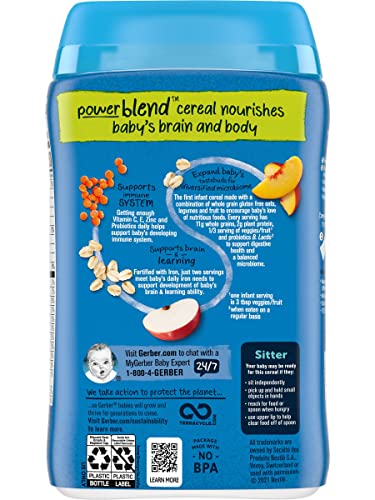 Gerber Cereal for Baby 2nd Foods Power Blend Cereal, Probiotic Oatmeal Lentil Peach & Apple Cereal, Non GMO with Whole Grains & Plant Protein, 8 OZ Canister (Pack of 3)