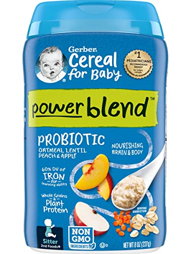 Gerber Cereal for Baby 2nd Foods Power Blend Cereal, Probiotic Oatmeal Lentil Peach & Apple Cereal, Non GMO with Whole Grains & Plant Protein, 8 OZ Canister (Pack of 3)