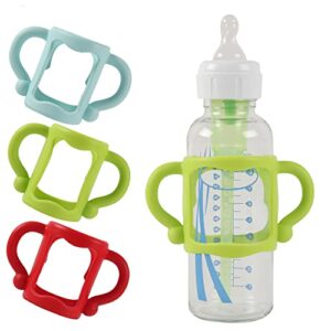 (3-pack) bottle handles for dr brown narrow baby bottles with easy grip handles to hold their own bottle – bpa-free soft silicone – red green and blue