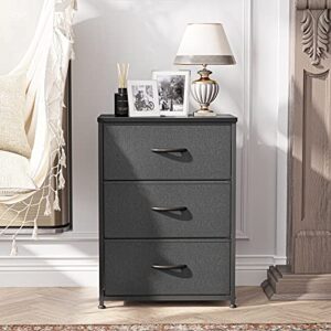 CubiCubi Dresser Nightstand for Bedroom, Small Kids Bedroom Fabric Tall Dresser 3 Drawer Storage Tower Organizer Unit for Hallway Entryway Closets, Steel Frame Wood Top, Black Grey