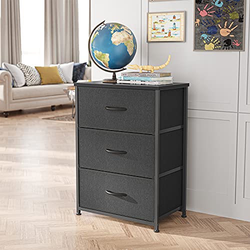 CubiCubi Dresser Nightstand for Bedroom, Small Kids Bedroom Fabric Tall Dresser 3 Drawer Storage Tower Organizer Unit for Hallway Entryway Closets, Steel Frame Wood Top, Black Grey