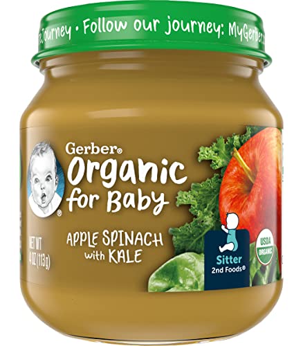 Gerber Organic for Baby 2nd Foods Baby Food Jar, Apple Spinach with Kale, USDA Organic & Non-GMO Pureed Baby Food for Sitters, 4-Ounce Glass Jar (Pack of 6)