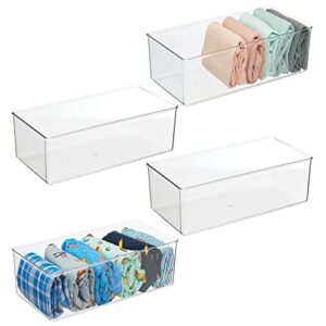 mDesign Long Plastic Drawer Organizer Box, Storage Organizer Bin Container; for Closets, Bedrooms, Use for Leggings, Socks, Ties, Jewelry, Accessories - Lumiere Collection - 4 Pack - Clear