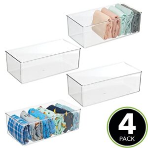mDesign Long Plastic Drawer Organizer Box, Storage Organizer Bin Container; for Closets, Bedrooms, Use for Leggings, Socks, Ties, Jewelry, Accessories - Lumiere Collection - 4 Pack - Clear