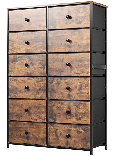 EnHomee 12 Drawer Dresser, Tall Dressers for Bedroom, Large Fabric Dressers & Chests of Drawers for Bedroom Living Room Closet Dresser with Wood Top and Metal Frame, Rustic Brown, 34.6"Wx11.8"Dx52.3"H