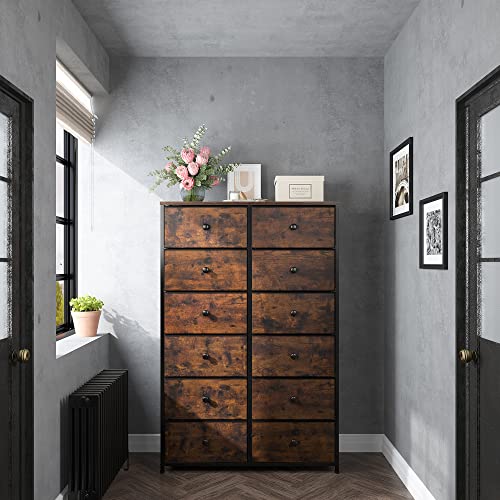 EnHomee 12 Drawer Dresser, Tall Dressers for Bedroom, Large Fabric Dressers & Chests of Drawers for Bedroom Living Room Closet Dresser with Wood Top and Metal Frame, Rustic Brown, 34.6"Wx11.8"Dx52.3"H