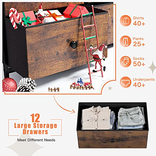 EnHomee 12 Drawer Dresser, Tall Dressers for Bedroom, Large Fabric Dressers & Chests of Drawers for Bedroom Living Room Closet Dresser with Wood Top and Metal Frame, Rustic Brown, 34.6"Wx11.8"Dx52.3"H
