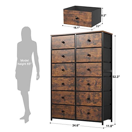 EnHomee 12 Drawer Dresser, Tall Dressers for Bedroom, Large Fabric Dressers & Chests of Drawers for Bedroom Living Room Closet Dresser with Wood Top and Metal Frame, Rustic Brown, 34.6"Wx11.8"Dx52.3"H
