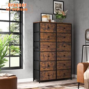 EnHomee 12 Drawer Dresser, Tall Dressers for Bedroom, Large Fabric Dressers & Chests of Drawers for Bedroom Living Room Closet Dresser with Wood Top and Metal Frame, Rustic Brown, 34.6"Wx11.8"Dx52.3"H