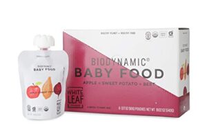 white leaf provisions biodynamic & organic baby food/snacks — apple, sweet potato & beet unsweetened baby puree pouches — squeezable baby food & toddler snack– 6 x 90g organic pouches
