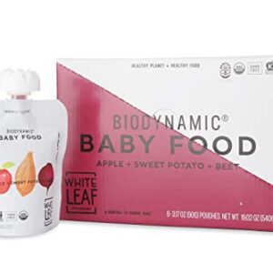 White Leaf Provisions Biodynamic & Organic Baby Food/Snacks — Apple, Sweet Potato & Beet Unsweetened Baby Puree Pouches — Squeezable Baby Food & Toddler Snack– 6 x 90g Organic Pouches