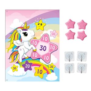 unicorn dart game set – throwing dart board for kids with 4 foam star darts and 4 hook, indoor/sport outdoor fun family game toys
