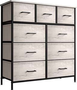 sorbus dresser with 9 faux wood drawers – storage unit organizer chest for clothes – bedroom, hallway, living room, closet, & dorm furniture – steel frame, wood top, & easy pull fabric bins