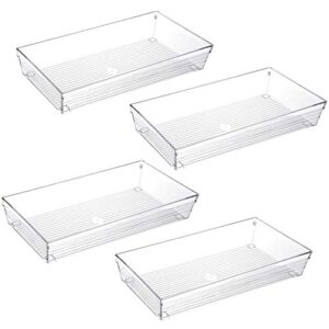 4 Pack 12"x 6" Large Size Clear Plastic Desk Drawer Organizer Tray Bathroom Office Kitchen Utensils Silverware Gadgets Dividers Desk Drawer Storage Bins Container for Dresser Cosmetic Makeup