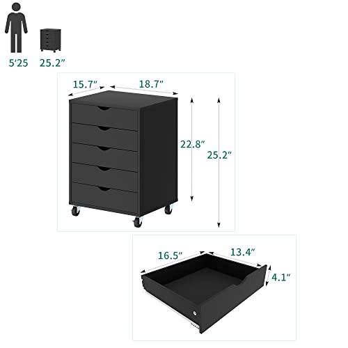 YITAHOME 5 Drawer Chest, Mobile File Cabinet with Wheels, Home Office Storage Dresser Cabinet, Black