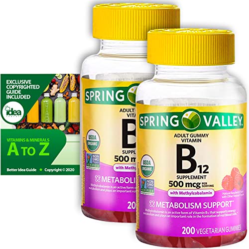 Vitamin B12 Organic Vegetarian Gummies, Metabolism Support with Methylcobalamin by Spring Valley, 500 mcg, 200 Ct (2 Pack) + “Vitamins & Minerals -  A to Z - Better Idea Guide©”