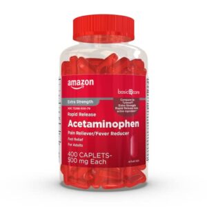 amazon basic care rapid release pain relief, acetaminophen caplets 500 mg, extra strength pain reliever and fever reducer, 400 count
