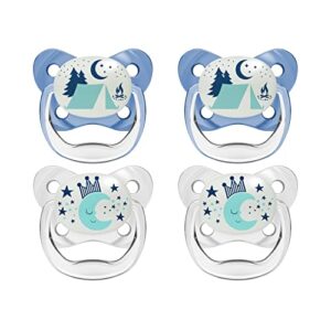 dr. brown’s prevent orthodontic baby pacifier, suction free air channel, contoured butterfly shield is gentle on face, made in usa, stage 2, 6-18m, 4-pack, glow in the dark – blue