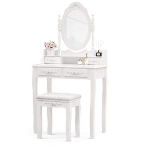 girls makeup vanity set with mirror & stool, rose carving makeup table, 4 drawer white dressing desk for bedroom