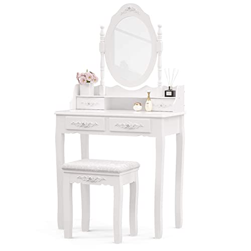 Girls Makeup Vanity Set with Mirror & Stool, Rose Carving Makeup Table, 4 Drawer White Dressing Desk for Bedroom