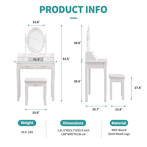 Girls Makeup Vanity Set with Mirror & Stool, Rose Carving Makeup Table, 4 Drawer White Dressing Desk for Bedroom