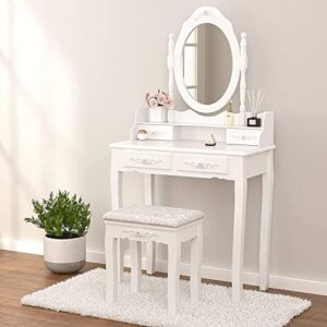 Girls Makeup Vanity Set with Mirror & Stool, Rose Carving Makeup Table, 4 Drawer White Dressing Desk for Bedroom