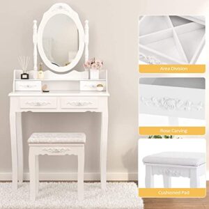 Girls Makeup Vanity Set with Mirror & Stool, Rose Carving Makeup Table, 4 Drawer White Dressing Desk for Bedroom