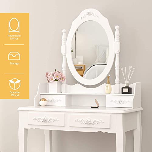 Girls Makeup Vanity Set with Mirror & Stool, Rose Carving Makeup Table, 4 Drawer White Dressing Desk for Bedroom