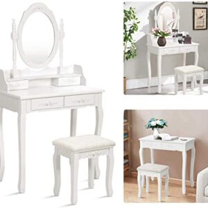 Girls Makeup Vanity Set with Mirror & Stool, Rose Carving Makeup Table, 4 Drawer White Dressing Desk for Bedroom