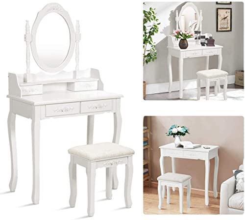 Girls Makeup Vanity Set with Mirror & Stool, Rose Carving Makeup Table, 4 Drawer White Dressing Desk for Bedroom