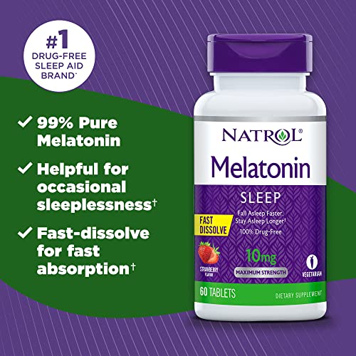 Natrol Melatonin Fast Dissolve Tablets, Helps You Fall Asleep Faster, Stay Asleep Longer, Easy to Take, Dissolve in Mouth, Strengthen Immune System, Maximum Strength, Strawberry Flavor, 10mg, 60 Count