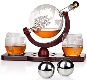 gifts for men dad, whiskey decanter globe set with 2 ball stones & 2 glasses, anniversary birthday gifts for him husband, unique christmas gift for bourbon scotch liquor vodka, cool stuff