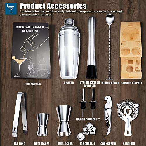 Mixology Bartender Kit, SuperCook Cocktail Shaker Set, Bar Accessories for The Home Bar Set, 25 OZ Martini Shaker, Drink shakers Cocktail with Bamboo Stand, Alcohol Mixer Shaker Set Gifts for him