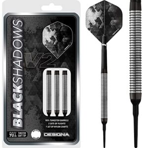 designa darts black shadows v2 | 90% tungsten barrel soft tip dart set with shafts and flights, m1, 19g (d9792)