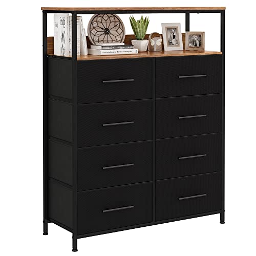 WARM&LOVE 8 Drawer Dresser with Shelves, Chest of Drawers for Bedroom with Wood Top, Black Dresser Storage Organizer Unit with Fabric Bins for Closet/Living Room/Hallway/Nursery