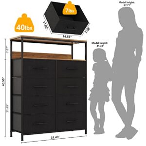 WARM&LOVE 8 Drawer Dresser with Shelves, Chest of Drawers for Bedroom with Wood Top, Black Dresser Storage Organizer Unit with Fabric Bins for Closet/Living Room/Hallway/Nursery