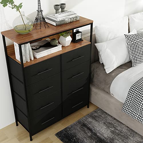 WARM&LOVE 8 Drawer Dresser with Shelves, Chest of Drawers for Bedroom with Wood Top, Black Dresser Storage Organizer Unit with Fabric Bins for Closet/Living Room/Hallway/Nursery