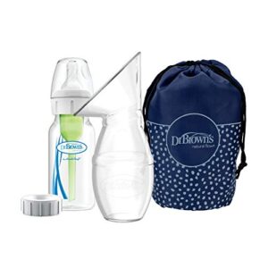 Dr. Brown's Silicone One-Piece Breast Pump Breast Milk Catcher & Travel Bag, 4oz Anti-Colic Options+ Baby Bottle, Level 1 Nipple & Travel Lid