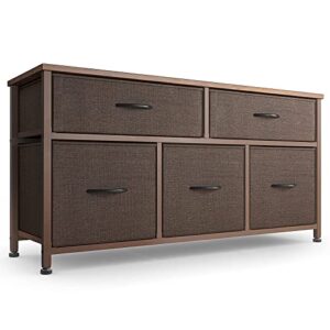 cubicubi dresser for bedroom, tall wide storage organizer 5 drawer dresser for bedroom hallway, sturdy steel frame wood top, brown