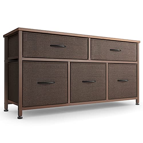 CubiCubi Dresser for Bedroom, Tall Wide Storage Organizer 5 Drawer Dresser for Bedroom Hallway, Sturdy Steel Frame Wood Top, Brown