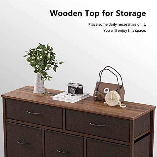 CubiCubi Dresser for Bedroom, Tall Wide Storage Organizer 5 Drawer Dresser for Bedroom Hallway, Sturdy Steel Frame Wood Top, Brown